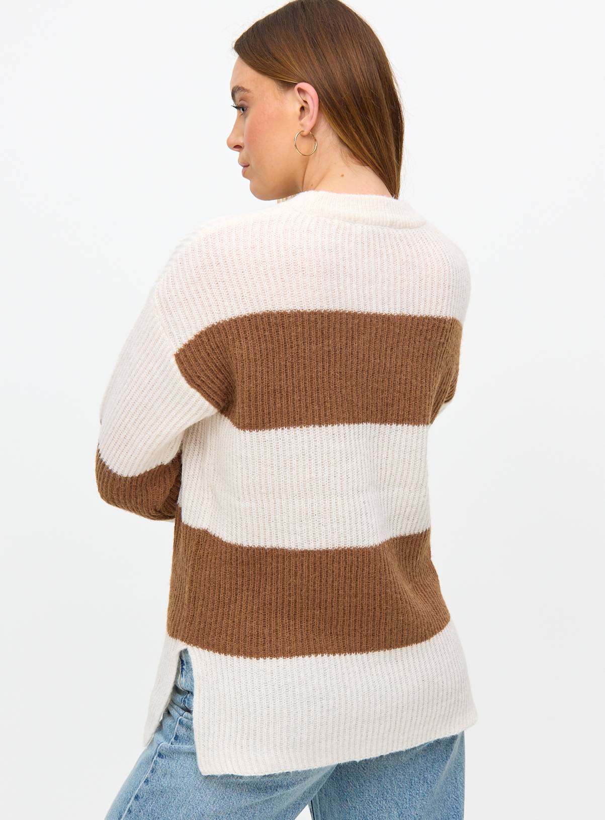 Cream & Brown Stripe Side Split Jumper  S - Image 4
